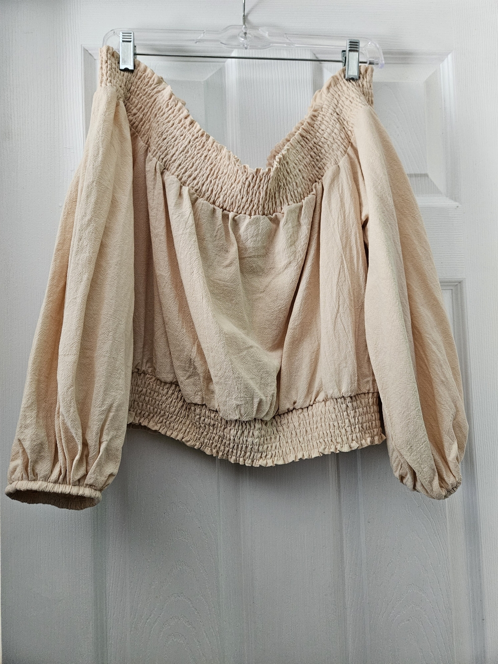 SHEIN Cream Smocked Off-Shoulder Peasant Blouse